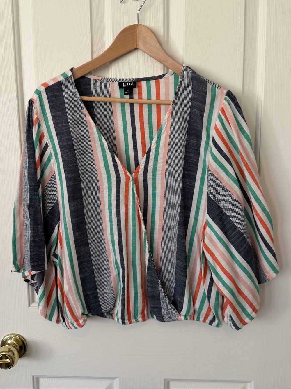 a.n.a Multicolor Vertical Stripe V-Neck Blouse in Navy, Coral & Mint